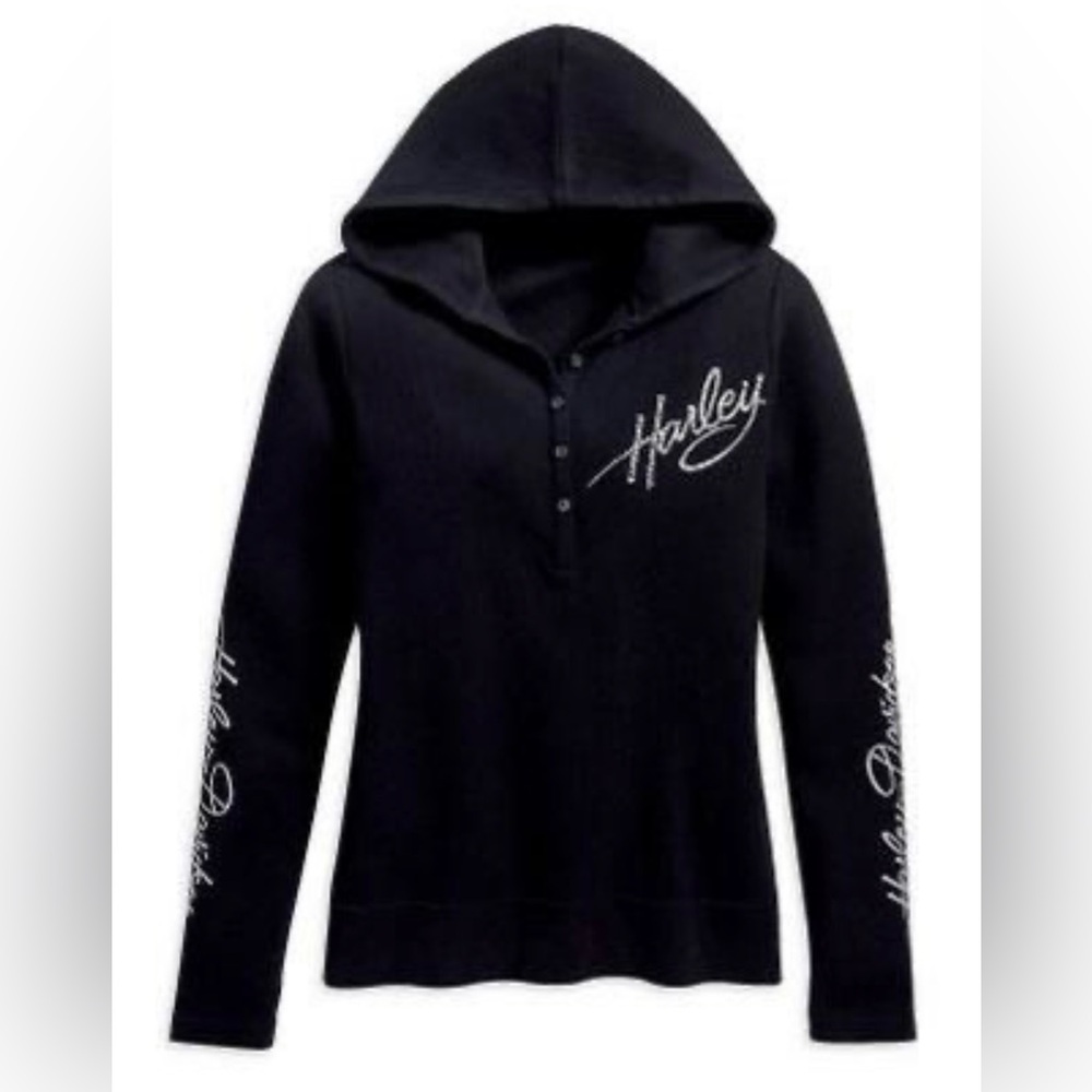 Vintage Y2K Harley Davidson Black Waffle Hoodie Rhinestone Logo Size Large